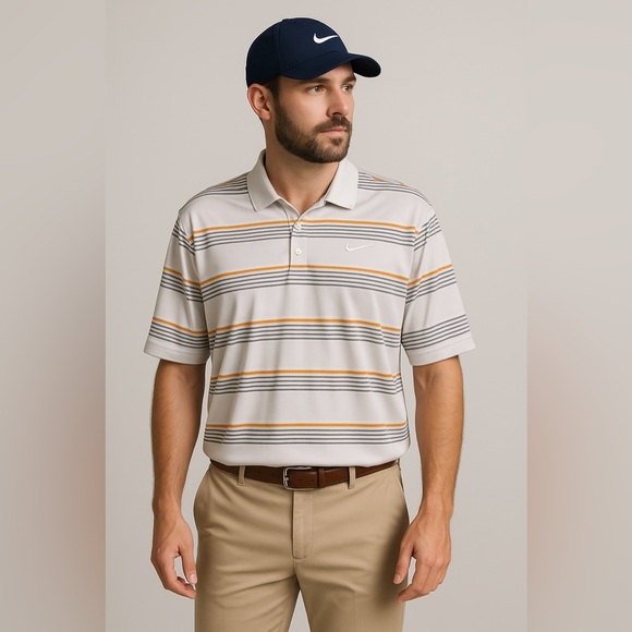 Nike Golf Men’s XXL Striped Polo Shirt White Orange Gray Dri-FIT Performance - Picture 1 of 10